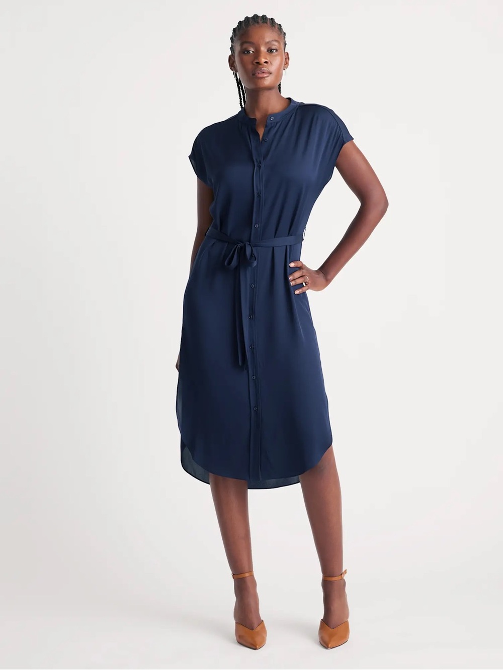 Quince Washable Stretch Silk Midi Shirt Dress Navy Blue size M